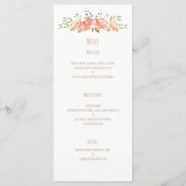Peach flower watercolor menu mariage (Devant)