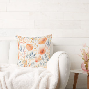 Peach Flowers and Dusty Blue Contemporary Throw Pillow