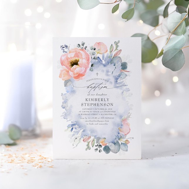 Peach Flowers and Greenery Dusty Blue Baptism Invitation (Dusty Blue and Blush Baptism Invitations)