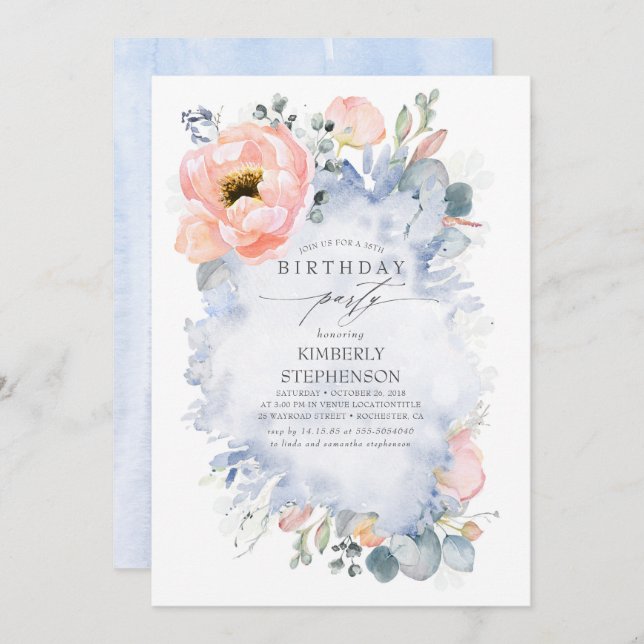 Peach Flowers and Greenery Dusty Blue Birthday Invitation (Front/Back)