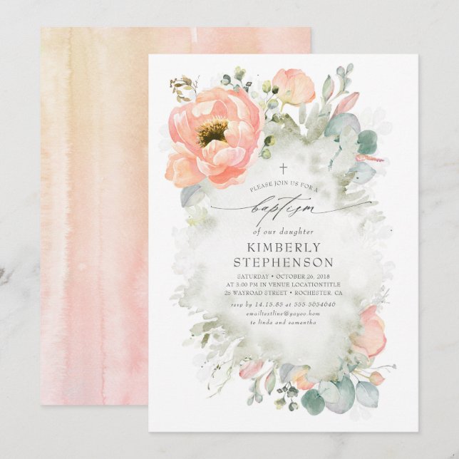 Peach Flowers and Greenery Elegant Girls Baptism Invitation (Front/Back)