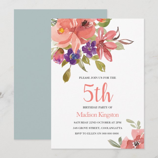 Peach Flowers Children's Birthday Party Invite (Front/Back)