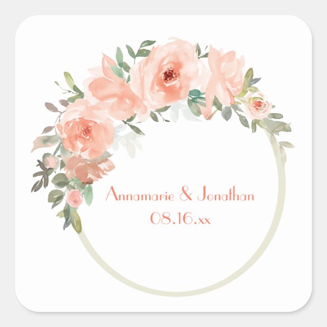 Peach Flowers Circle Frame Wedding Square Sticker (Front)
