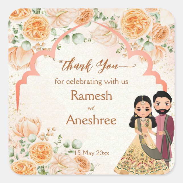 Peach flowers cute Indian bridal couple custom Square Sticker (Front)