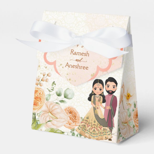 Peach flowers cute Indian bridal couple customized Favor Box (Front Side)