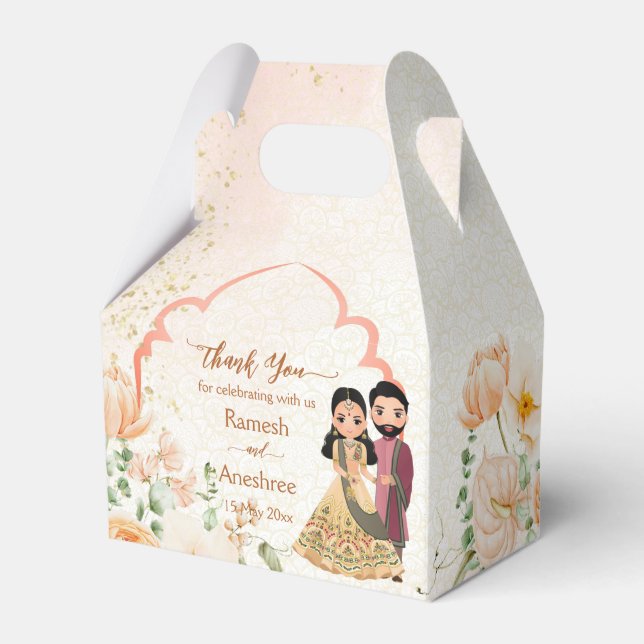 Peach flowers cute Indian bridal couple customized Favor Box (Front Side)