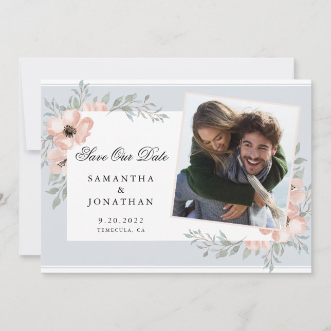 Peach Flowers Dusty Blue Photo Save The Date (Front)
