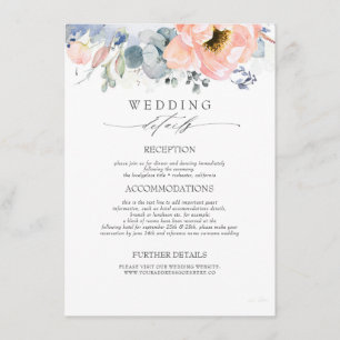 Peach Flowers Dusty Blue Wedding Information Enclosure Card