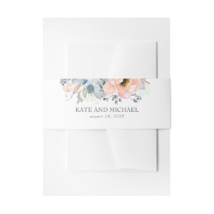 Peach Flowers Dusty Blue Wedding Invitation Belly Band