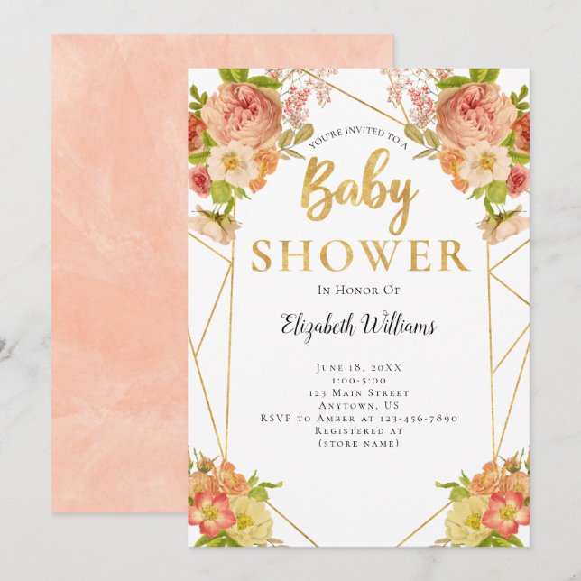 Peach Flowers Geometric Frame Baby Shower Invitation (Front/Back)