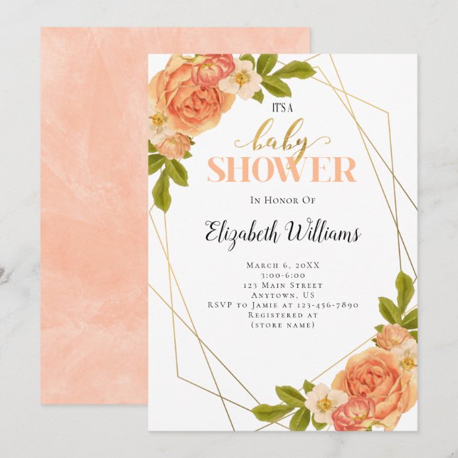 Peach Flowers Geometric Frame Baby Shower Invitation (Front/Back)