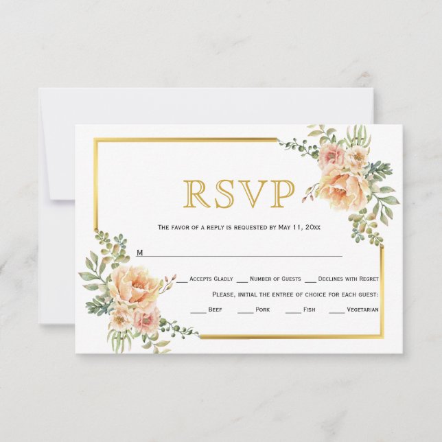 Peach flowers, gold frame wedding RSVP card (Front)