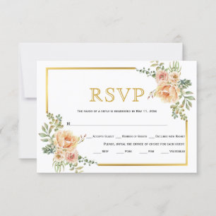 Peach flowers, gold frame wedding RSVP card