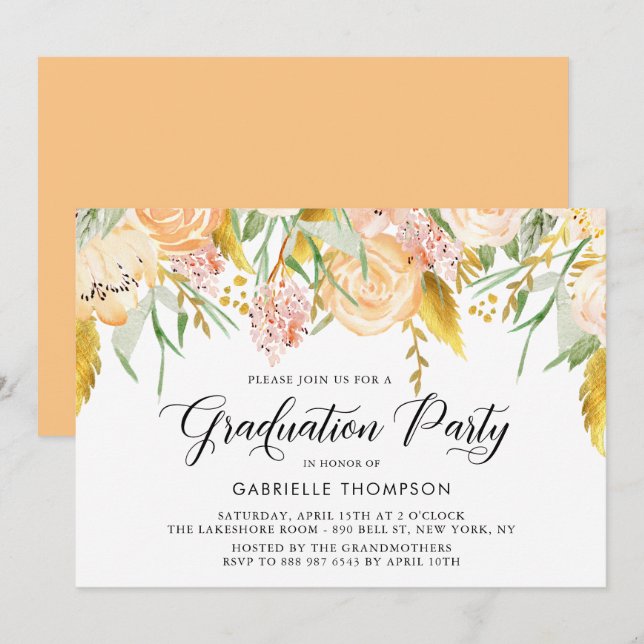 Peach Flowers & Gold Leaves Graduation Party Invitation (Front/Back)