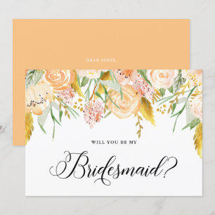 Peach Flowers Gold Will You Be My Bridesmaid Card