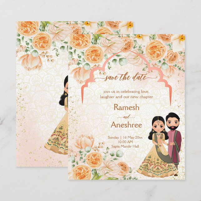 Peach flowers Indian couple save the date (Front/Back)