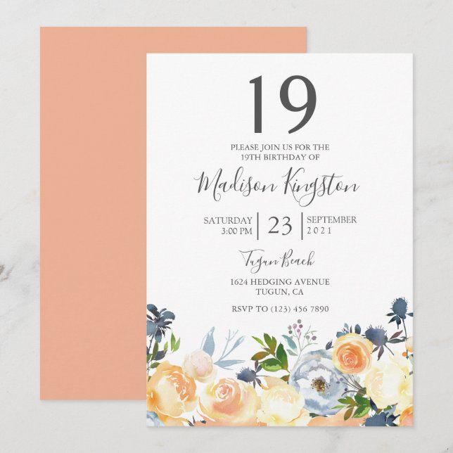 Peach Flowers Jolie 19e anniversaire Invitation de (Devant / Derrière)