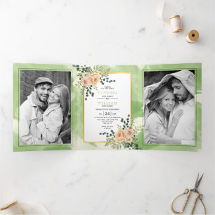 Peach flowers, leaves sage green floral wedding Tri-Fold invitation