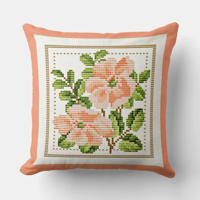 Peach Flowers Needlepoint Look Country Vintage Throw Pillow (Front)