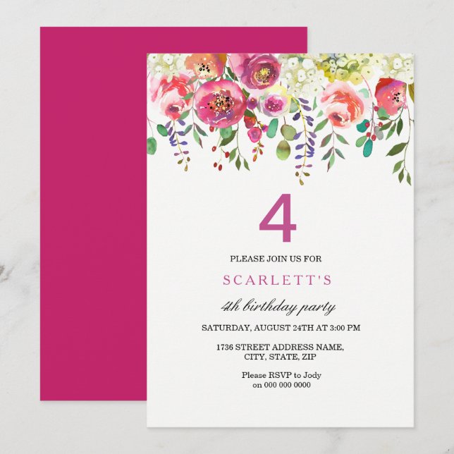 Peach Flowers rose 4e anniversaire Invitation de f (Devant / Derrière)