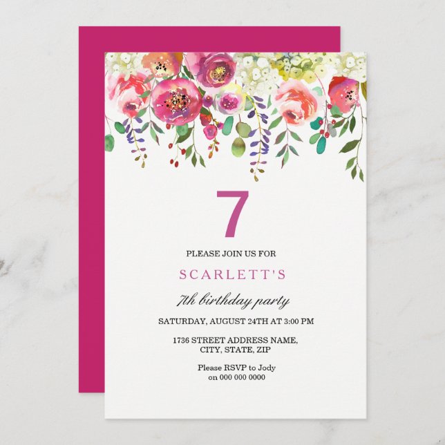 Peach Flowers rose 7th Birthday Party Invitation (Devant / Derrière)