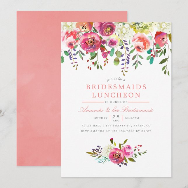 Peach Flowers rose Bridesmaids Luncheon Invitation (Devant / Derrière)