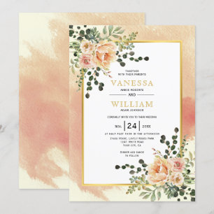 Peach flowers soft terracotta wedding invitation