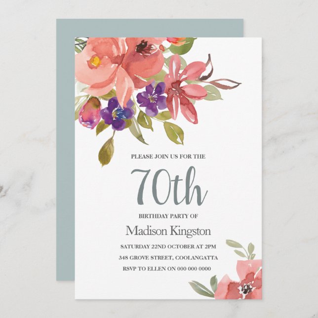 Peach Flowers Teal 70th Birthday Party Invite (Front/Back)