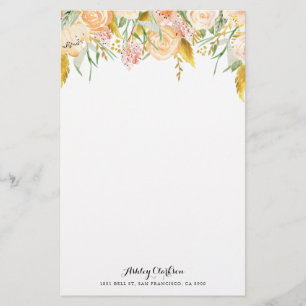 Peach Flowers with Gold Foil Foliage Stationery