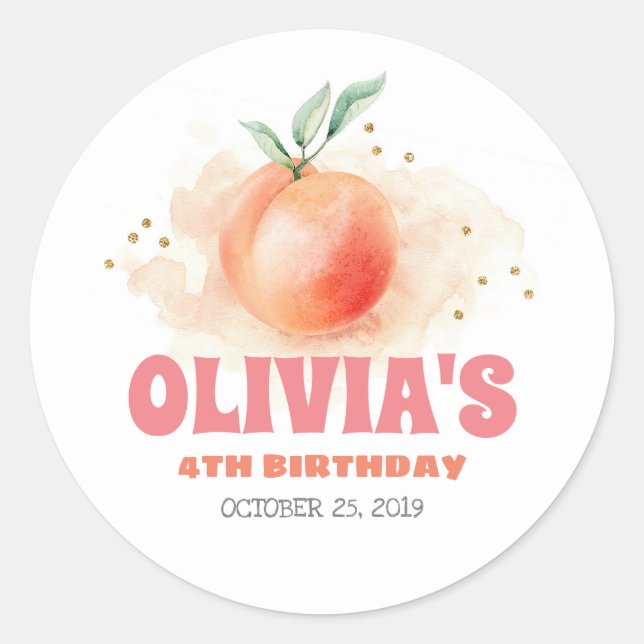 Peach Fruit Little Cutie Birthday Party Classic Round Sticker (Front)