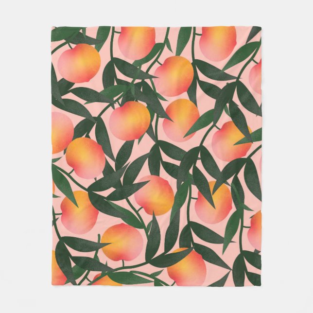 Peach Fruit Pink Background Pattern. Fleece Blanket (Front)
