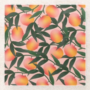 Peach Fruit Pink Background Pattern. Glass Coaster