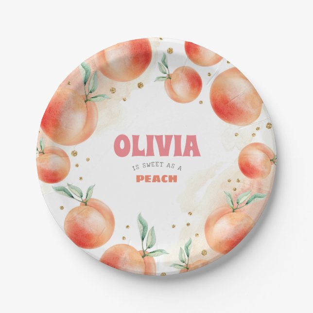 Peach Fruits and Gold Confetti Sweet Cute Birthday Paper Plate (Front)