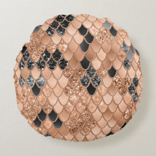 Peach Fuzz Black Mermaid Scales Glam #1  Round Pillow