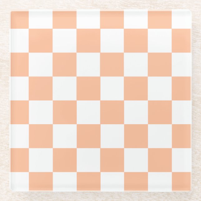 Peach Fuzz Chequered Gingham Pattern Glass Coaster (Front)