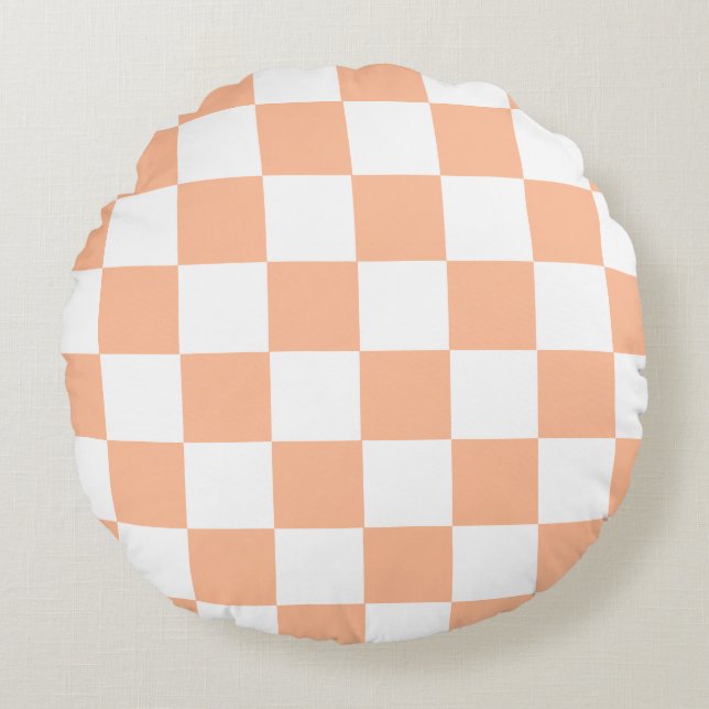 Peach Fuzz Chequered Gingham Pattern Round Pillow (Front)