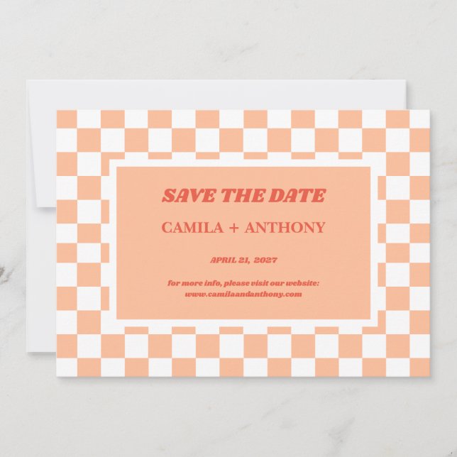 Peach Fuzz Chequered Gingham Pattern Save The Date (Front)