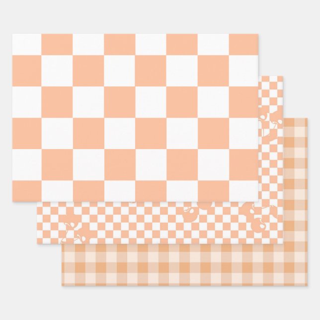 Peach Fuzz Chequered Gingham Pattern Wrapping Paper Sheet (Set)