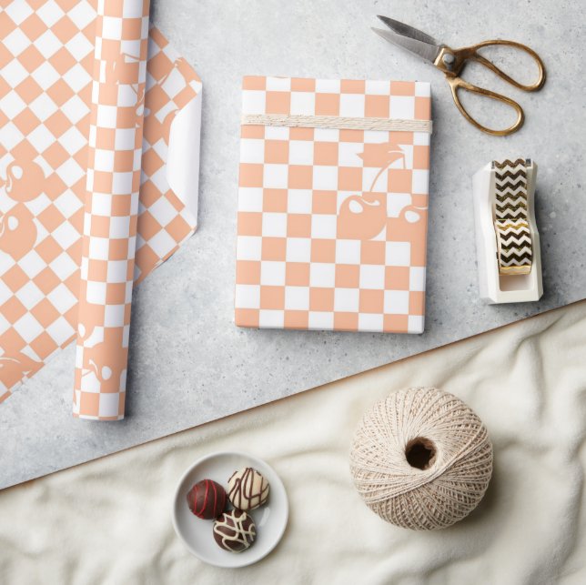 Peach Fuzz Chequered Retro Cherry Plaid Pattern  Wrapping Paper (Crafts)