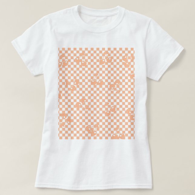 Peach Fuzz Cherry Gingham Pattern T-Shirt (Design Front)