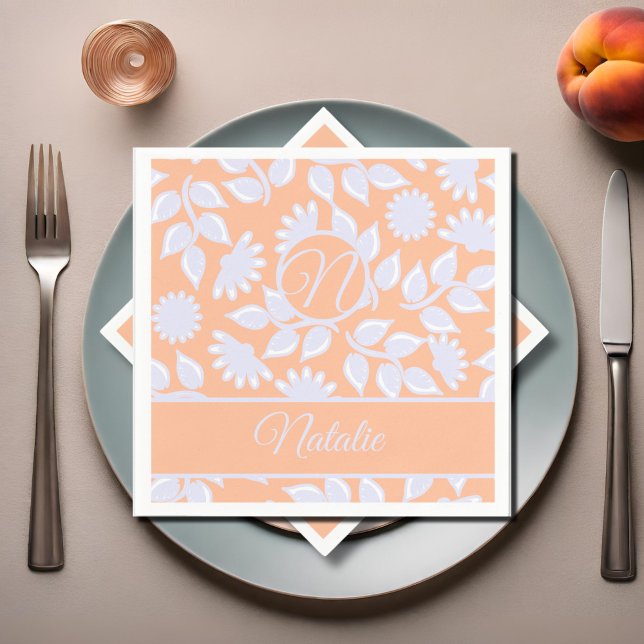 Peach  Fuzz colour - floral pattern  - monogrammed Napkin (Creator Uploaded)