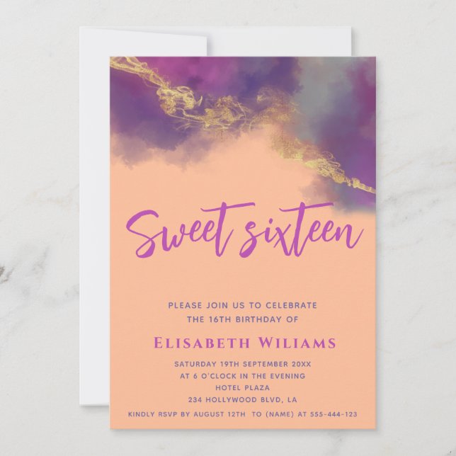 Peach fuzz cool Abstract alcohol ink gold  script  Invitation (Front)