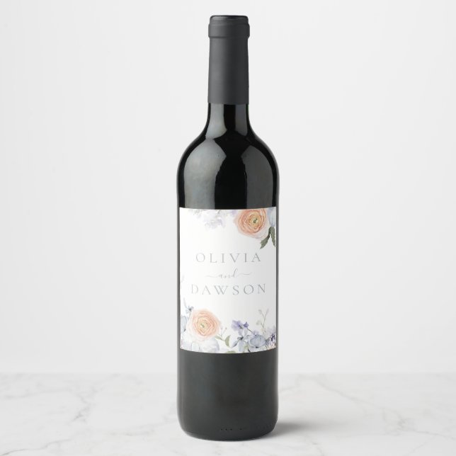 Peach Fuzz Dusty Blue Modern Trendy Wedding Wine Label (Front)