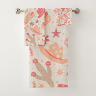 Peach Fuzz Groovy Cowgirl Boots and Hats pattern  Bath Towel Set
