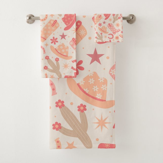 Peach Fuzz Groovy Cowgirl Boots and Hats pattern  Bath Towel Set (Insitu)