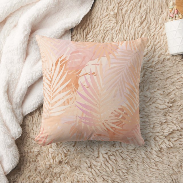 Peach Fuzz Minimalist Modern Tropical Leaves Throw Pillow (Blanket)