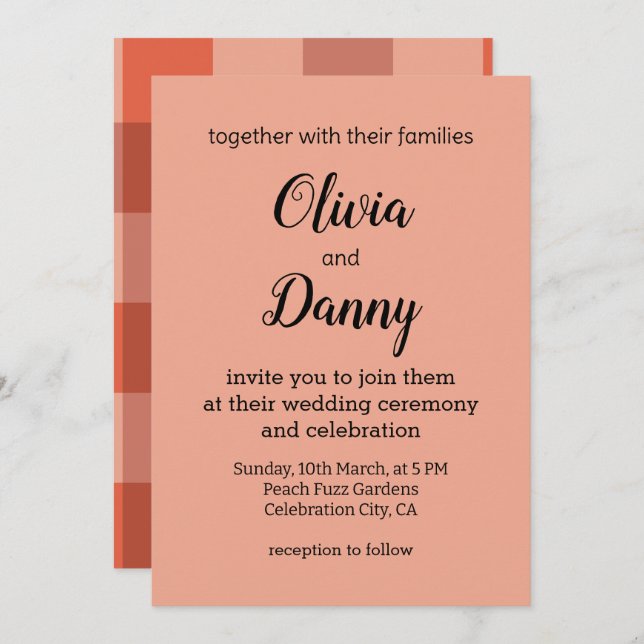 Peach Fuzz Orange Chequerboard Peach Fuzz Wedding Invitation (Front/Back)