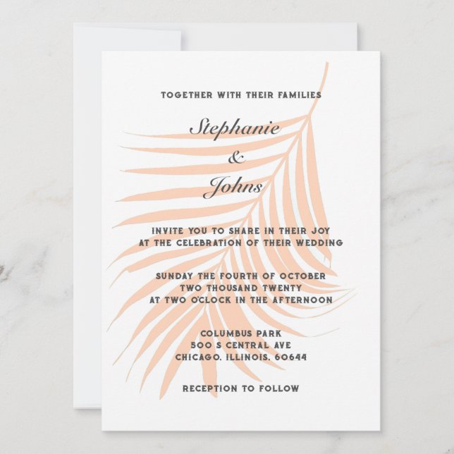 Peach Fuzz Palm Tree Tropical Leaf Elegant Wedding Invitation (Front)