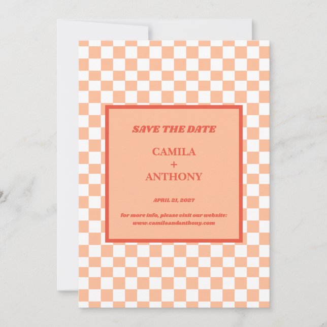 Peach Fuzz Red Chequered Gingham Pattern Save The Date (Front)
