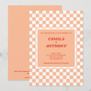 Peach Fuzz Red Chequered Gingham Pattern Wedding Invitation